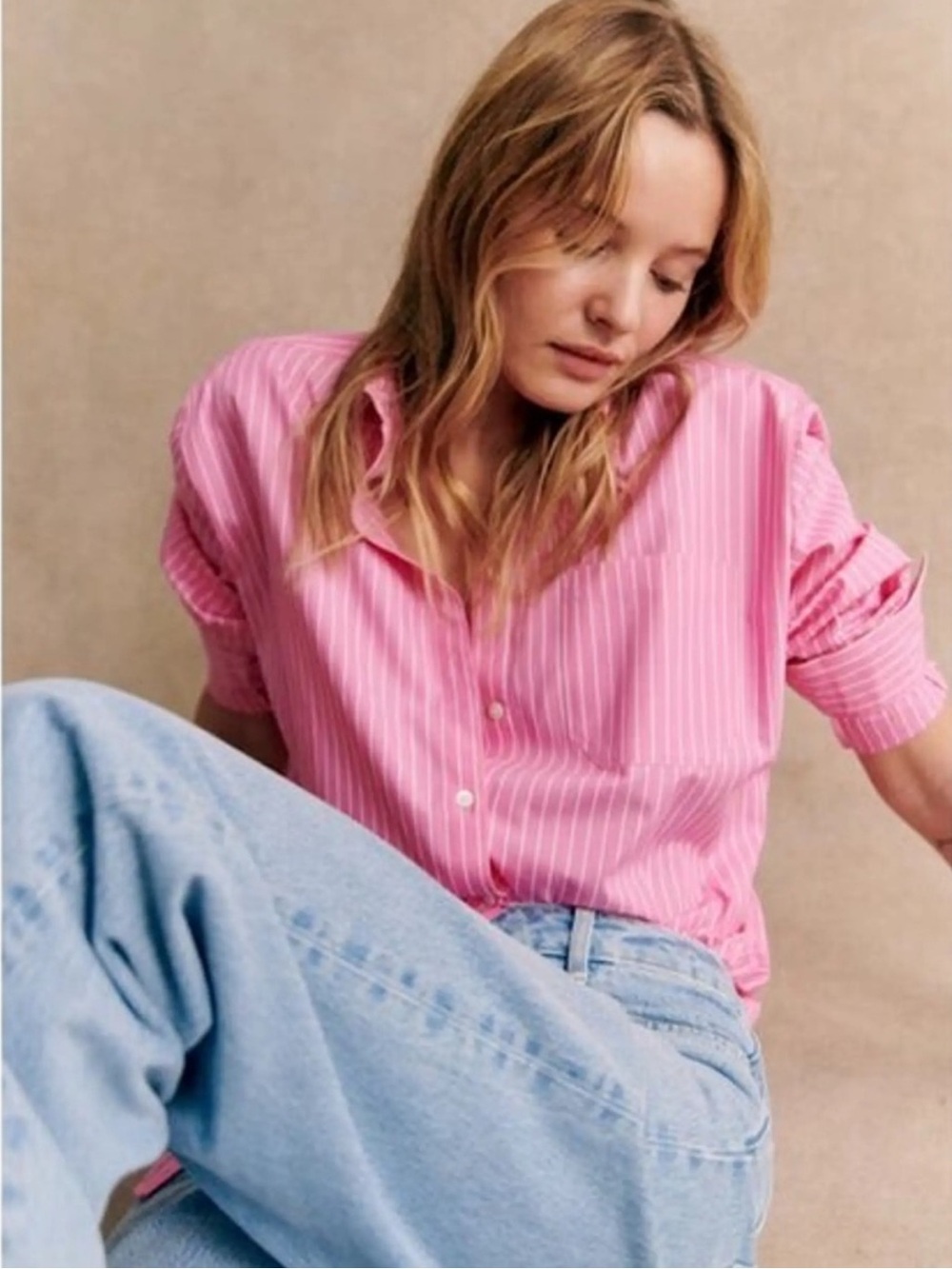 Sézane Max Oversized Pink Stripe Organic Cotton Button Down Shirt FR 44 US 12 - Picture 3 of 16